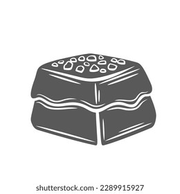 Chocolate candy glyph icon vector illustration. Stamp of bonbon with decorative crumbs of almonds or peanuts on top and flowing choco ganache, sweet chocolate dessert piece of praline present box