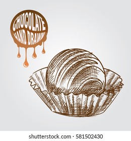 Chocolate candy hand drawn sketch isolated on white background and blob with drops. Chocolate sketch elements vector illustration.