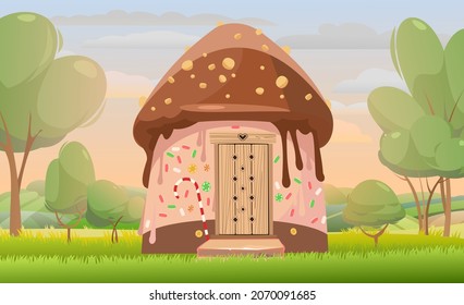 Chocolate Candy hut on meadow with garden trees.. Sweet caramel fairy house. Summer cute landscape. Illustration in cartoon style flat design. Picture for children. Vector