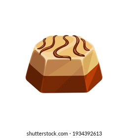 Chocolate candy isolated icon, vector sweet dessert confection. Chocolate candy comfit of white and dark chocolate with caramel topping, confectionery dessert sweets