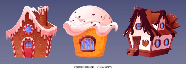 Juego de dibujos animados de fantasía de casa de campo de dulces de chocolate. Ilustración de confitería para la ciudad de pan de jengibre con pastel y lindo objeto de postre candyland. Aislado edificio de magdalenas mágicas en el cuento de hadas de los niños