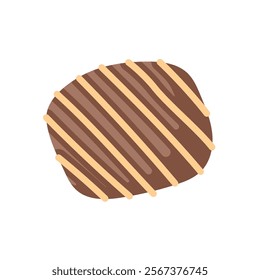 Chocolate candy in mocha mousse with striped decoration in flat style. Perfect for dessert theme, confectionery advertising and gourmet food presentation.