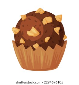 Chocolate candy with nuts in paper cup. Tasty sweet dessert cartoon vector illustration