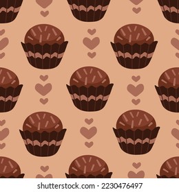 Chocolate candy pastry seamless pattern with hearts. Romantic chocolate background for holidays product decoration, wrapping paper, packaging, wallpaper. Brazilian food vector illustration