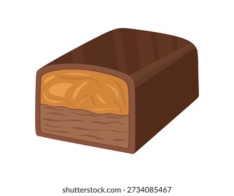 Chocolate candy piece with soft nougat and caramel. Gourmet confectionery, choco sweet, sugar dessert, treat. Colored flat vector illustration isolated on white background.