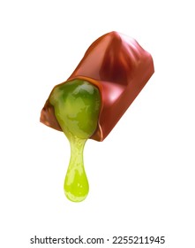 Chocolate candy with pistachio liquid filling. Vector illustration.
