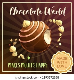 Chocolate candy planet banner. Food galaxy illustration. Vector candy shop advertising poster.