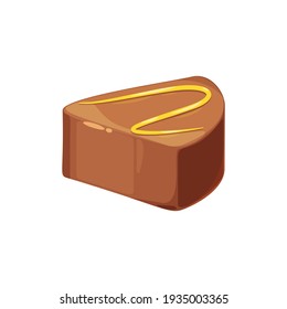 Chocolate candy with praline and ganache filling isolated whole sweets. Vector choco sweets, confectionery food, brown dessert with nougat, holiday treat, Belgian or Swiss choco, triangle shape
