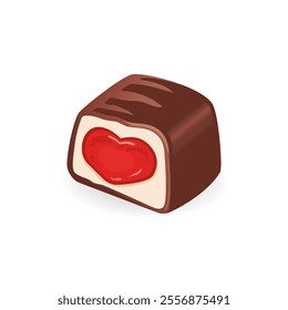 Chocolate candy with red heart-shaped filling isolated on a white background. Vector illustration. Chocolate candy for valentine's day. 