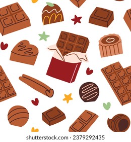 chocolate and candy seamless pattern, hand drawn icons of chocolates, bars, colored ornament of sweets icons, vector illustrations on white background, christmas gift wrapping paper