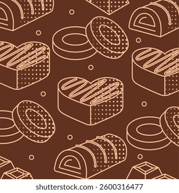 Chocolate candy seamless pattern in heart shapes. Vector
