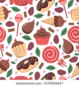 Chocolate and candy seamless pattern isolated on white background.