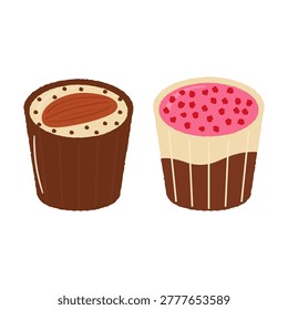 Chocolate candy set with almond and pink berry topping on white background. Pair of gourmet pralines for sweet holiday dessert design
