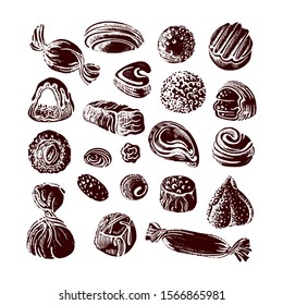 Chocolate candy silhouette. Vector set of isolated shape on white background. Hand drawn collection. Natural sweet food. Vintage graphic shape