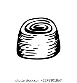 Chocolate candy sketch. Confectionery sweets food. Delicious dessert. Candy with filling. Yummy. Cocoa bean product. Hand drawn vector doodle illustration.