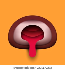 Rebanada de dulces de chocolate con relleno aislado en el fondo del color. Concepto creativo 3d en el estilo de corte de papel de caricatura artesanal. Diseño luminoso mínimo de comida. Ilustración vectorial geométrica moderna.