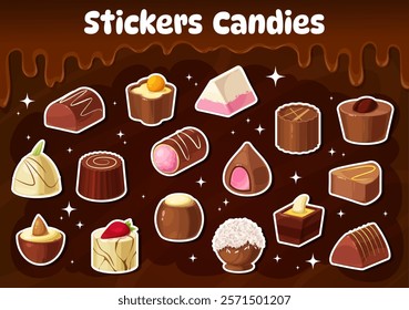 Chocolate candy stickers pack, assortment of delicious sweet desserts on brown background with sparks and cocoa drips. Cartoon vector patches with truffles, praline and festive treats convey festivity