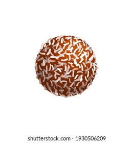 Chocolate candy, sweet dessert icon, vector isolated confection. Chocolate candy round comfit with coconut shavings sprinkles, confectionery dessert sweets