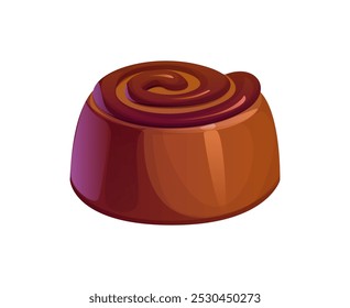 Caramelo de chocolate, postre dulce con un patrón de remolino en la parte superior. Caramelo de choco de Vector de dibujos animados hecho de chocolate negro. Pastelería con relleno de praliné o licor, delicioso producto dulce, alimento azucarado