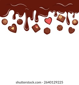 Chocolate Candy Sweets and Dripping Chocolate Border with Empty Space for Text or Logo on White Background – Vector Illustration for World Chocolate Day, Kids, Business, Sale and Holiday Design