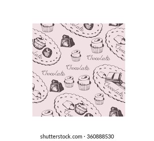 Chocolate, candy and sweets. Vector ink seamless pattern. Pink background. Wrapping paper design.