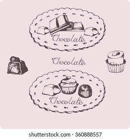 Chocolate, candy and sweets. Vector ink  pattern. Pink background. Food design.