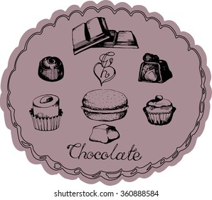 Chocolate, candy and sweets. Vector ink  pattern.Food design.