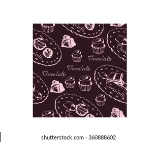 Chocolate, candy and sweets. Vector ink seamless pattern.Wrapping paper design.