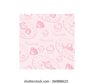  Chocolate, candy and sweets. Vector ink seamless pattern. Pink background. Wrapping paper design.