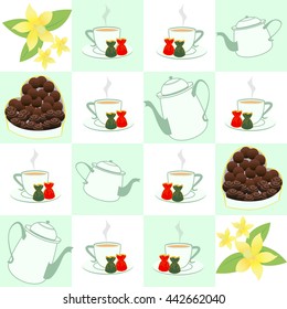 Chocolate candy and tea time . Vector illustration of chocolate desserts.
