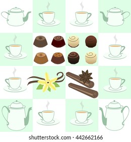 Chocolate candy and tea time . Vector illustration of chocolate desserts.
