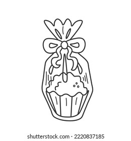 Chocolate candy in transparent gift wrap doodle. Brazilian brigadeiro in festive packaging with bow. Black outline vector illustration on white background