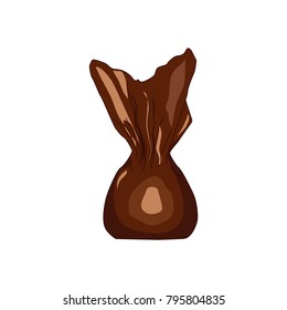 Chocolate candy truffle in a brown wrapper. Logo for pastry shop, cafe, bakery. Hand drawing. Vector illustration.