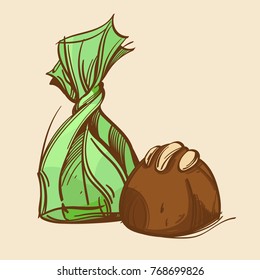 Chocolate candy. Vector illustration in hand drawn, sketch style for festive design.