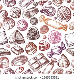 Chocolate candy. Vector seamless pattern on white background. Hand drawn sketch, dessert sweet food. Vintage graphic illustration. Wallpaper for cafe, holiday print