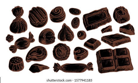 Chocolate candy. Vector set of isolated shape on white background. Hand drawn sketch, natural sweet food. Vintage graphic illustration