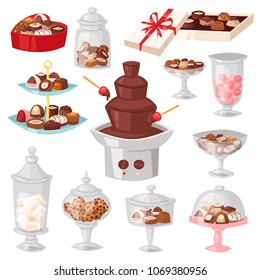 Chocolate candy vector sweet confection dessert with cocoa in glass jar in confectionery shop illustration of tasty choco truffle in vase of candyshop set isolated on background