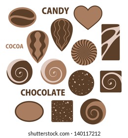 Chocolate candy vintage style. Icon set. Isolated chocolate candies on white background