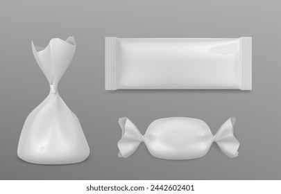 Schokoladen-Bonbon-Wrapper Mockup. 3D-leeres weißes Paket. Süßes Pack und Wrap für Snack isolierte Vorlage in Vektor. Realistische leere Plastiktüte für Lebensmittel für Waren. Karamelll-Verpackungsgrafik