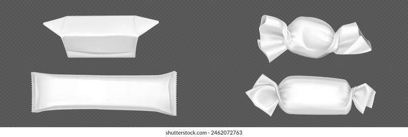 Chocolate candy wrapper mockup. 3d blank white package. Sweet pack and wrap for snack isolated template in vector. Realistic empty plastic food product pouch for merchandise. Caramel packaging graphic