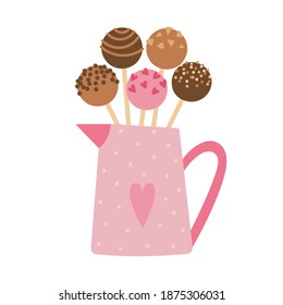 Pasteles de chocolate y caramelo.  El pastel aparece en una jarra rosa pastel. Ilustración vectorial del día de San Valentín.