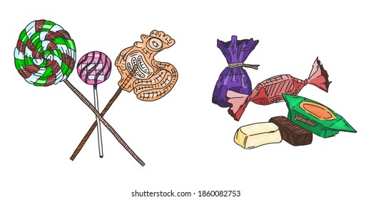 chocolate and caramel candies in paper and on a stick. vector doodle sketch