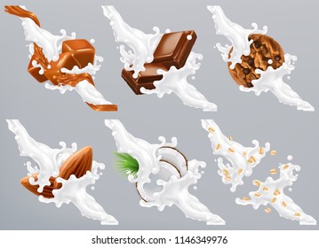 Chocolate, caramel, coconut, almond, biscuit, oats in milk splash. Yogurt 3d realistic vector