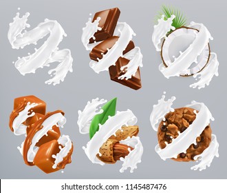 Chocolate, caramel, coconut, almond, biscuits in milk splash. Yogurt 3d realistic vector