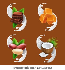 Chocolate, caramel, coconut, peanut in milk splash or yogurt realistic set vector,