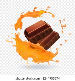 Chocolate In Caramel Splash Realistic Vector Illustration