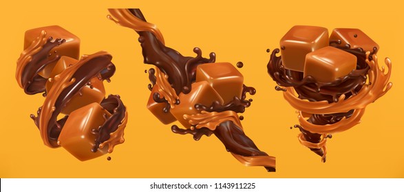 Chocolate and caramel splashes, 3d realistic vector