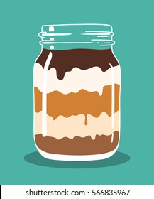 Chocolate caramel vanilla coffee cream dessert in vintage mason jar. Layered sweet dessert in transparent glass mason jar. Vector hand drawn illustration eps10, isolated.