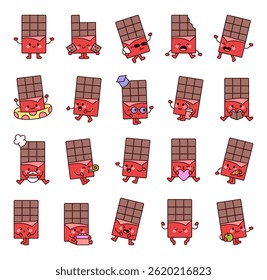 Chocolate cartoon characters with emotions and actions for cute educational funny snack themed designs in kawaii outline illustration style