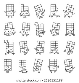 Chocolate cartoon characters with emotions and actions for cute educational funny snack themed designs in kawaii outline illustration style